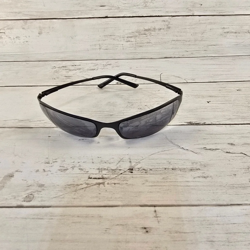 Black Metal Wrap Around‎ Sport Sunglasses Dark Tint Lenses Rectangular Frame